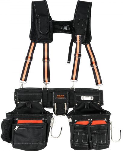 VEVOR Tool Belt with Suspenders, 29 Pockets, 29-54 inches Adjustable Waist Size, Tool Belts for Men, 1680D Polyester Heavy Duty Carpenter Tool Pouch for Carpenters, Electricians, and Gardening, Black