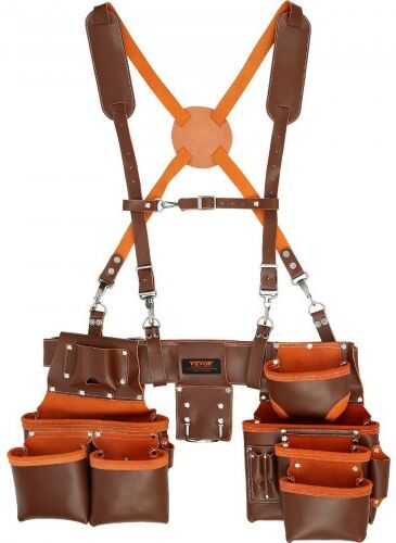 VEVOR Tool Belt with Suspenders, 19 Pockets, 29-54 inches Adjustable Waist Size, Tool Belts for Men, Genuine Leather Heavy Duty Carpenter Tool Pouch for Carpenters, Electricians, and Gardening, Brown