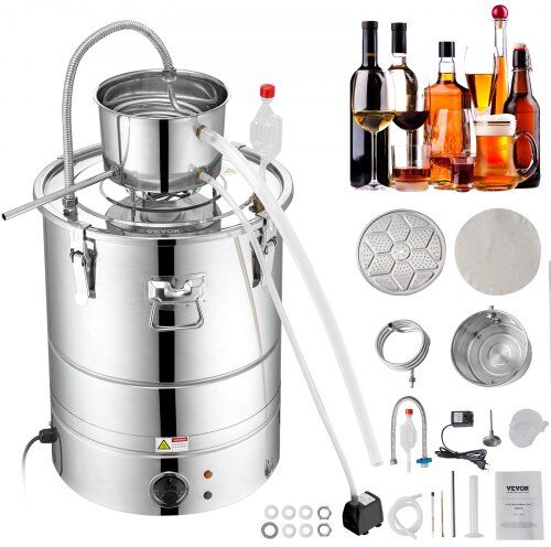 VEVOR Alcohol Still, 15 Gal 50L Water Alcohol Distiller, Home Distillery Kit include Stainless Steel Tube & Pump & One-way Exhaust Valve & Thermometer (30-120℃ ) for DIY Whisky Wine Brandy, Silver