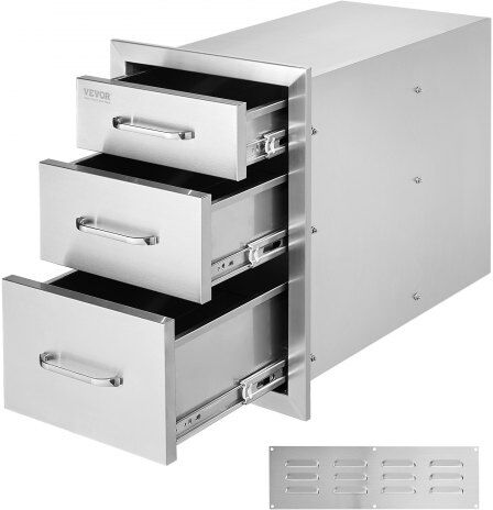 VEVOR Outdoor Kitchen Drawers 14" W x 20.3" H x 23" D, Flush Mount Triple Access BBQ Drawers Stainless Steel with Handle, BBQ Island Drawers for Outdoor Kitchens or Patio Grill Station