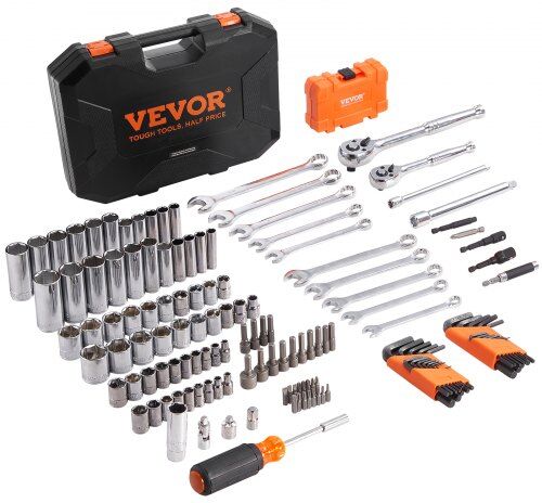 VEVOR Mechanics Tool Set and Socket Set, 1/4" and 3/8" Drive Deep and Standard Sockets, 145 Pcs SAE and Metric Mechanic Tool Kit with Bits, Combination Wrench, Hex Wrenches, Accessories, Storage Case