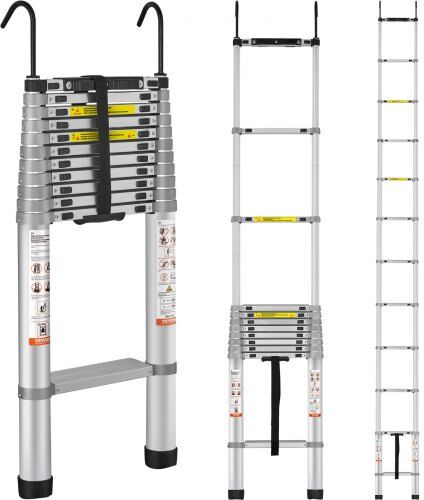 VEVOR Telescoping Ladder, 15 FT Aluminum One-button Retraction Collapsible Extension Ladder, 400 LBS Capacity with Non-slip Feet, Portable Multi-purpose Compact Ladder for Home, RV, Loft, ANSI Liste