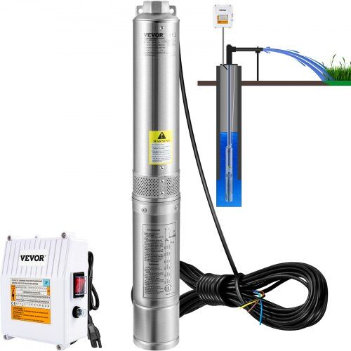 VEVOR Deep Well Submersible Pump, 1.5HP 115V/60Hz, 37gpm 276ft Head, with 33ft Cord & External Control Box, 4" Stainless Steel Water Pump for Industrial, Irrigation and Home Use, IP68 Waterproof