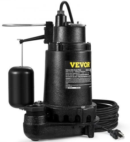 VEVOR 1HP Sewage Pump, 5600 GPH Cast Iron Submersible Sump Pump with Automatic Snap-action Float Switch, Heavy-Duty Submersible Sewage, Effluent Pump for Septic Tank, Basement, Flooding Area