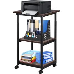 VEVOR Printer Stand, 3 Tiers, Rolling Machine Cart with Adjustable Shelf & Lockable Wheels, Mobile Printer Table for Fax Scanner File Book in Home Office, Black & Brown