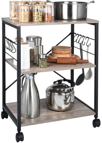 VEVOR Kitchen Baker's Rack, 3-Tier Industrial Microwave Stand with Hutch & 8 S-Shaped Hooks, Multifunctional Coffee Station Organizer with Utility Storage Shelf for Kitchen, Living Room, Light Ivory