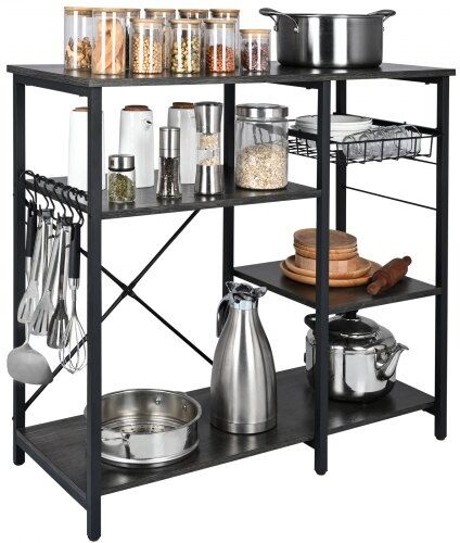 VEVOR Kitchen Baker's Rack, 5-Tier Industrial Microwave Stand with Hutch & 8 S-Shaped Hooks, Multifunctional Coffee Station Organizer with Utility Storage Shelf for Kitchen, Living Room, Dark Gray