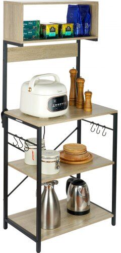 VEVOR Kitchen Baker's Rack, 4-Tier Industrial Microwave Stand with Hutch & 6 S-Shaped Hooks, Multifunctional Coffee Station Organizer with Utility Storage Shelf for Kitchen, Living Room, Oak