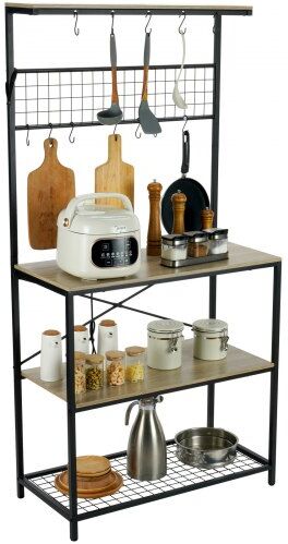 VEVOR Kitchen Baker's Rack, 4-Tier Industrial Microwave Stand with Hutch & 10 S-Shaped Hooks, Multifunctional Coffee Station Organizer with Utility Storage Shelf for Kitchen, Living Room, Oak