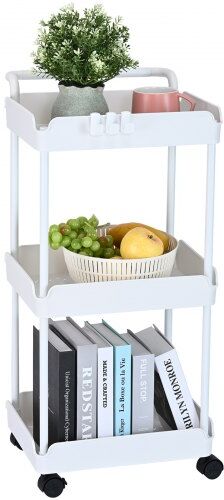 VEVOR 3-Tier Rolling Utility Cart, Kitchen Cart with Lockable Wheels, Multi-Functional Storage Trolley with Handle for Office, Living Room, Kitchen, Movable Storage Basket Organizer Shelves, White