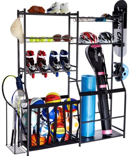 VEVOR Golf Storage Garage Organizer, 2 Golf Bag Storage Stand Holder and Other Sports Equipment Storage Rack, Outdoor Steel Ball Cart, Sports Gear and Toys Storage Shelves with Baskets & Hooks, Black