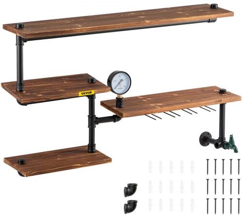 VEVOR Iron Pipes Shelving, Industrial Steel Pipe Shelf w/ 4-Tier Wood Planks, Wall Mounted Modern Rustic Floating Shelves, DIY Storage Bracket for Bathroom, Bookshelf, Kitchen, and Home Decor