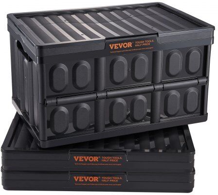 VEVOR Collapsible Storage Bins with Lids, 45L 3 Packs, Folding Plastic Stackable Utility Crates with Handles, Large Heavy Duty Containers for Clothes, Toys, Books, Snack, Shoes, and Grocery Organizing