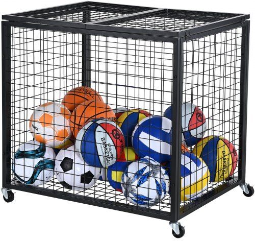 VEVOR Rolling Sports Ball Storage Cart, Lockable Basketball Cage with Double Lids, Sport Equipment Holder Organizer for Indoor Outdoor, Steel Storage Rack for Garages, Playgroup, Gym and Schools