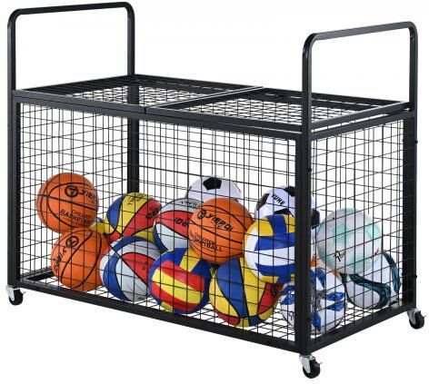 VEVOR Rolling Sports Ball Storage Cart, Lockable Basketball Cage with Double Lids, Sport Equipment Holder Organizer for Indoor Outdoor, Steel Storage Rack for Garages, Playgroup, Gym and Schools