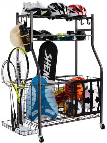 VEVOR Sports Equipment Garage Organizer, Rolling Ball Storage Cart on Wheels, Basketball Rack with Baskets & Hooks, Indoor/Outdoor Sports Gear and Toys Storage, Steel Sports Equipment Organizer, Black