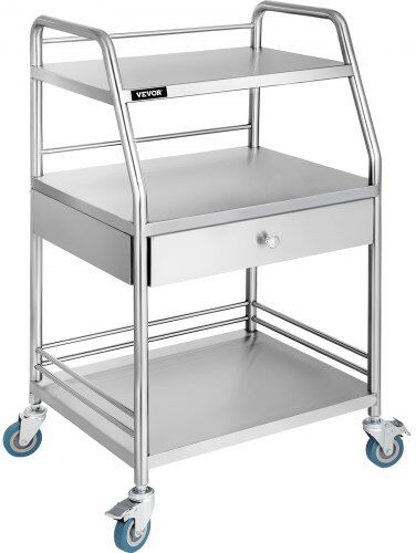 VEVOR Utility Cart with 3 Shelves Shelf Stainless Steel with Wheels Rolling Cart Commercial Wheel Dental Lab Cart Utility Services (3 Shelves/ 1 Drawer)