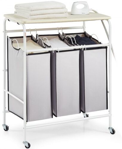 VEVOR 3-Section Laundry Sorter Cart with Ironing Board, Laundry Hamper with Heavy Duty Lockable Wheels and 3 Removable Bag, Rolling Laundry Basket Sorter for Clothes Storage