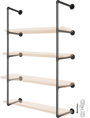 VEVOR Industrial Pipe Shelves 4-Tier Wall Mount Iron Pipe Shelves 2 PCS Pipe Shelving Vintage Black DIY Pipe Bookshelf Each Holds 44lbs Open Kitchen Shelving for Bedroom & Living Room W/Accessories