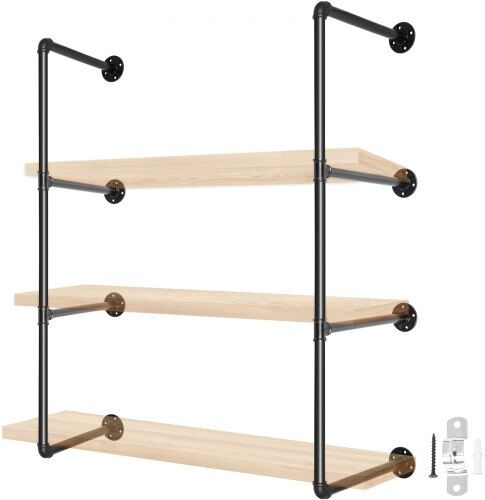 VEVOR Industrial Pipe Shelves 3-Tier Wall Mount Iron Pipe Shelves 2 PCS Pipe Shelving Vintage Black DIY Pipe Bookshelf Each Holds 44lbs Open Kitchen Shelving for Bedroom & Living Room W/Accessories