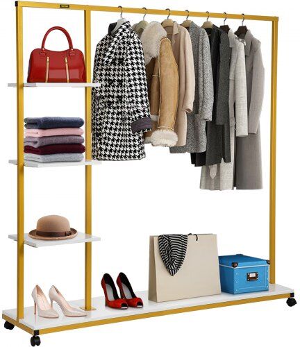 VEVOR Clothing Garment Rack, 180 LBS Capacity, Heavy-duty Clothes Rack w/ Bottom Shelf & Extra 3 Side Shelves, 4 Swivel Casters, Rolling Clothes Organizer for Laundry Room Retail Store Boutique, Gold