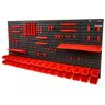 VEVOR Wall Mounted Storage Bins, 30-Bin Parts Rack Organizer Garage Plastic Shop Tool with Wall Panels/Tool Holders/Hooks, Tool Organizer for Nuts, Bolts, Screws, Nails, Beads, Buttons, Black and Red