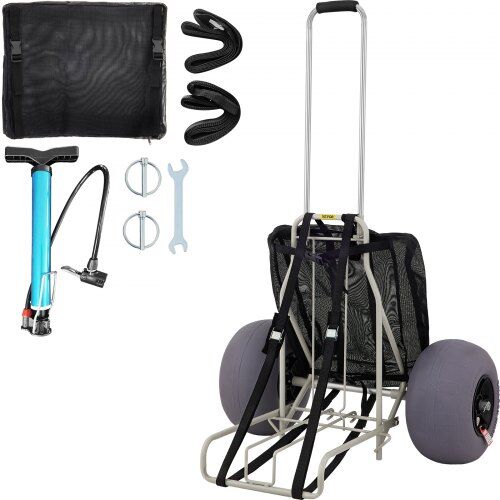 VEVOR Beach Carts for Sand, 14" x 14.7" Cargo Deck, w/ 13" TPU Balloon Wheels, 165LBS Loading Capacity Folding Sand Cart & 29.5" to 49.2" Adjustable Height, Heavy Duty Cart for Picnic, Fishing, Beach