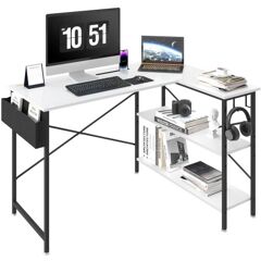 VEVOR L Shaped Computer Desk, 47'' Corner Desk with Storage Shelves, Bag, Phone Slot, and Headphone Hook, Work Desk Gaming Desk for Home Office Workstation, White