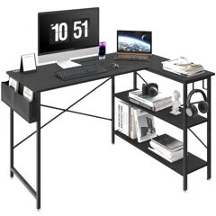 VEVOR L Shaped Computer Desk, 47'' Corner Desk with Storage Shelves, Bag, Phone Slot, and Headphone Hook, Work Desk Gaming Desk for Home Office Workstation, Black