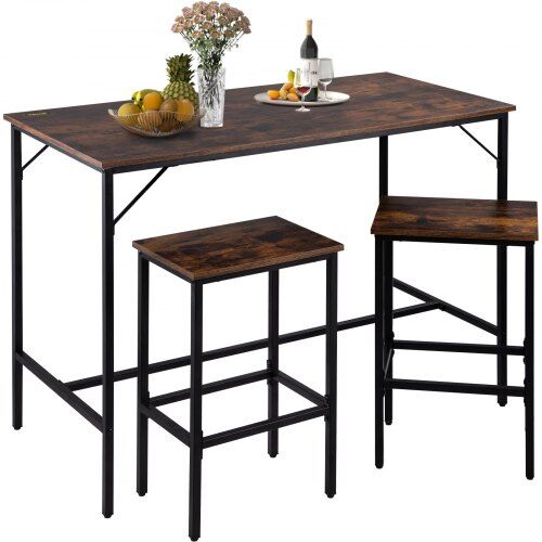 VEVOR Bar Table and Chairs Set 47" Pub Table Set with 2 Bar Stools Kitchen Dining Table and Chairs Set for 2 Iron Frame Counter Height Dining Sets for Home, Kitchen, Living Room