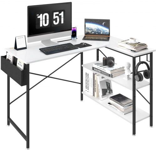 VEVOR L Shaped Computer Desk, 47'' Corner Desk with Storage Shelves, Bag, Phone Slot, and Headphone Hook, Work Desk Gaming Desk for Home Office Workstation, White