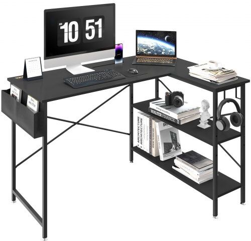 VEVOR L Shaped Computer Desk, 47'' Corner Desk with Storage Shelves, Bag, Phone Slot, and Headphone Hook, Work Desk Gaming Desk for Home Office Workstation, Black