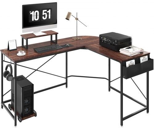 VEVOR L Shaped Computer Desk, 59'' Corner Desk with Storage Bag, Monitor Riser and CPU Stand, Work Desk Gaming Desk for Home Office Workstation, Rustic Brown