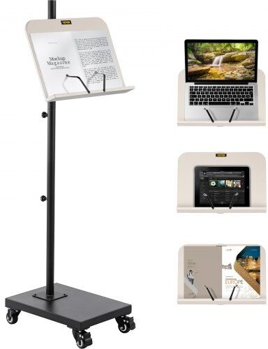 VEVOR Book Floor Stand, 180° Viewing Angle, Height & Panel Adjustable Reading Stand, Rolling Book Stand w/ 4 Wheels, for 4.5''-12'' Phone, iPad and Books in Home Office, Black & White