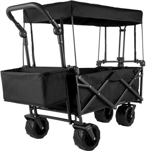 VEVOR Extra Large Collapsible Garden Cart with Removable Canopy, Folding Wagon Utility Carts with Wheels and Rear Storage, Wagon Cart for Garden, Camping, Grocery Cart, Shopping Cart, Black