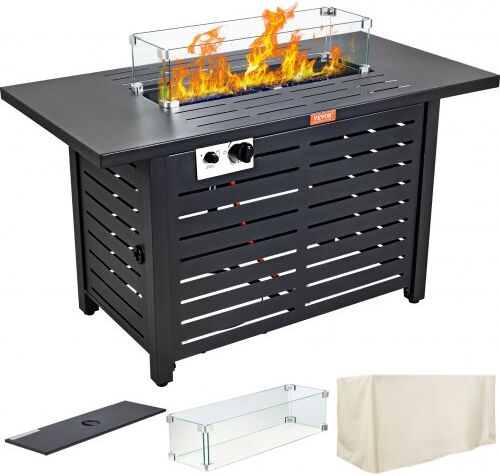 VEVOR Gas Fire Pit Table, 43 In 50000 BTU, Propane Outdoor Wicker Patio fire Pits with Carbon Steel Tabletop, Lava Rock, Glass Wind Guard, Cover, Add Warmth to Gathering on Garden Backyard, CSA Listed