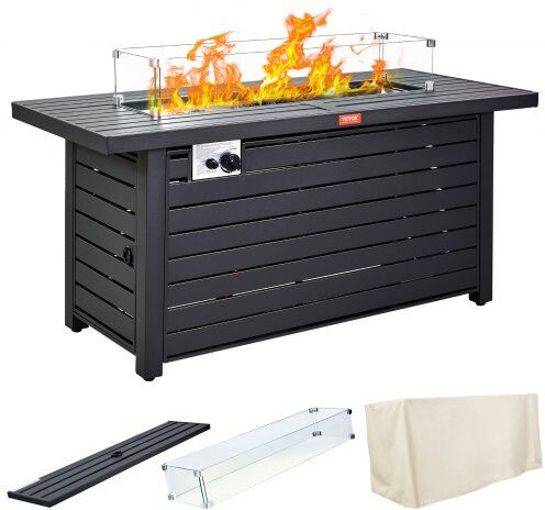 VEVOR Gas Fire Pit Table, 54 In 50000 BTU, Propane Outdoor Wicker Patio fire Pits with Carbon Steel Tabletop, Lava Rock, Glass Wind Guard, Cover, Add Warmth to Gathering on Garden Backyard, CSA Listed