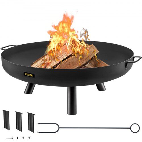 VEVOR Fire Pit Bowl, 30-Inch Deep Round Carbon Steel Fire Bowl, Wood Burning for Outdoor Patios, Backyards & Camping Uses, with A Drain Hole, Portable Handles and A Firewood Stick, Black