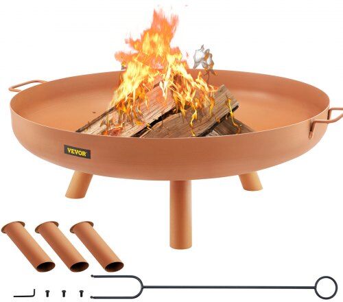 VEVOR Fire Pit Bowl, 30-Inch Deep Round Carbon Steel Fire Bowl, Wood Burning for Outdoor Patios, Backyards & Camping Uses, with A Drain Hole, Portable Handles and A Firewood Stick, Brown