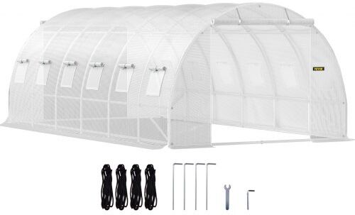 VEVOR Walk-in Tunnel Greenhouse, 20 x 10 x 7 ft Portable Plant Hot House w/ Galvanized Steel Hoops, 3 Top Beams, Diagonal Poles, 2 Zippered Doors & 12 Roll-up Windows, White