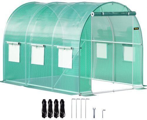 VEVOR Walk-in Tunnel Greenhouse, 9.8 x 6.6 x 6.6 ft Portable Plant Hot House w/ Galvanized Steel Hoops, 1 Top Beam, Diagonal Poles, Zippered Door & 6 Roll-up Windows, Green