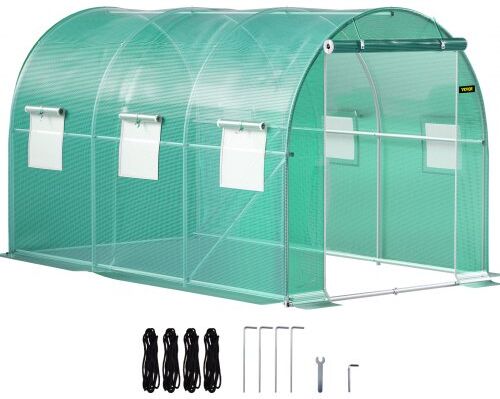 VEVOR Walk-in Tunnel Greenhouse, 12 x 7 x 7 ft Portable Plant Hot House w/ Galvanized Steel Hoops, 1 Top Beam, Diagonal Poles, Zippered Door & 6 Roll-up Windows, Green