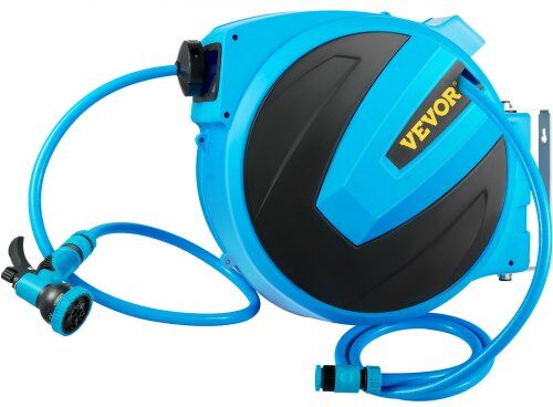 VEVOR Retractable Hose Reel, 1/2 inch x 75 ft, Any Length Lock & Automatic Rewind Water Hose, Wall Mounted Garden Hose Reel w/ 180° Swivel Bracket and 7 Pattern Hose Nozzle, Blue