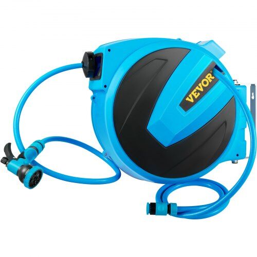 VEVOR Retractable Hose Reel, 5/8 inch x 90 ft, Any Length Lock & Automatic Rewind Water Hose, Wall Mounted Garden Hose Reel w/ 180° Swivel Bracket and 7 Pattern Hose Nozzle, Blue