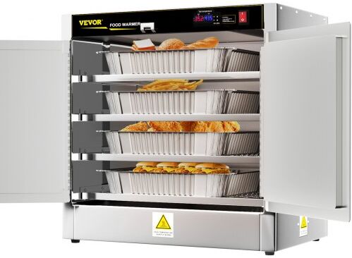 VEVOR Hot Box Food Warmer, 25"x15"x24" Concession Warmer with Water Tray, Four Disposable Catering Pans, Countertop Pizza, Patty, Pastry, Empanada, Concession Hot Food Holding Case, 110V UL Listed