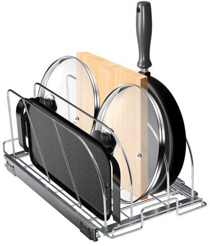 VEVOR Pan and Pot Rack, Expandable Pull Out Under Cabinet Organizer, Cookie Sheet Baking Pans tray Organization, Adjustable Wire Dividers, Steel Lid Holder for Kitchen Cabinet & Pantry Storage, 11.7"W