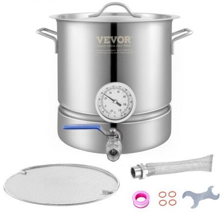 VEVOR Stainless Steel Kettle, 5 GALLON Brewing Pot, Tri Ply Bottom for Beer, Brew Kettle Pot, Home Brewing Supplies Includes Lid, Handle, Thermometer, Ball Valve Spigot, Filter, Filter Tray