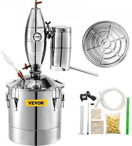 VEVOR 20L 5.3Gal Water Alcohol Distiller 304 Stainless Steel Alcohol Still Wine Making Boiler Home Kit with Thermometer for Whiskey Brandy Essential, Sliver