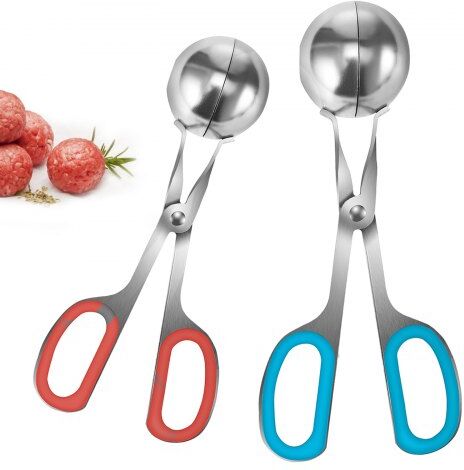 VEVOR Meatball Maker Tongs, 2 PCS per Pack, 1.5" & 2.2" Meat Baller Scoops, Stainless Steel Cake Pop Scoop Ball Maker with Red & Blue Rubber Handles, Meatball Tongs for Meat Fruits Cake Ice Cream