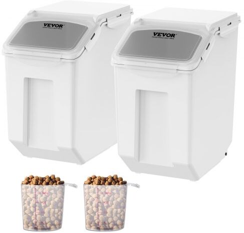 VEVOR Ingredient Storage Bin, 2 x 15L Dispenser Bin with 2 Measuring Cups, Attachable Casters and Airtight Lid, 2 Pcs/Set Dog Pet Food Storage Container, PP Material Kitchen Rice Cereal Flour Bin